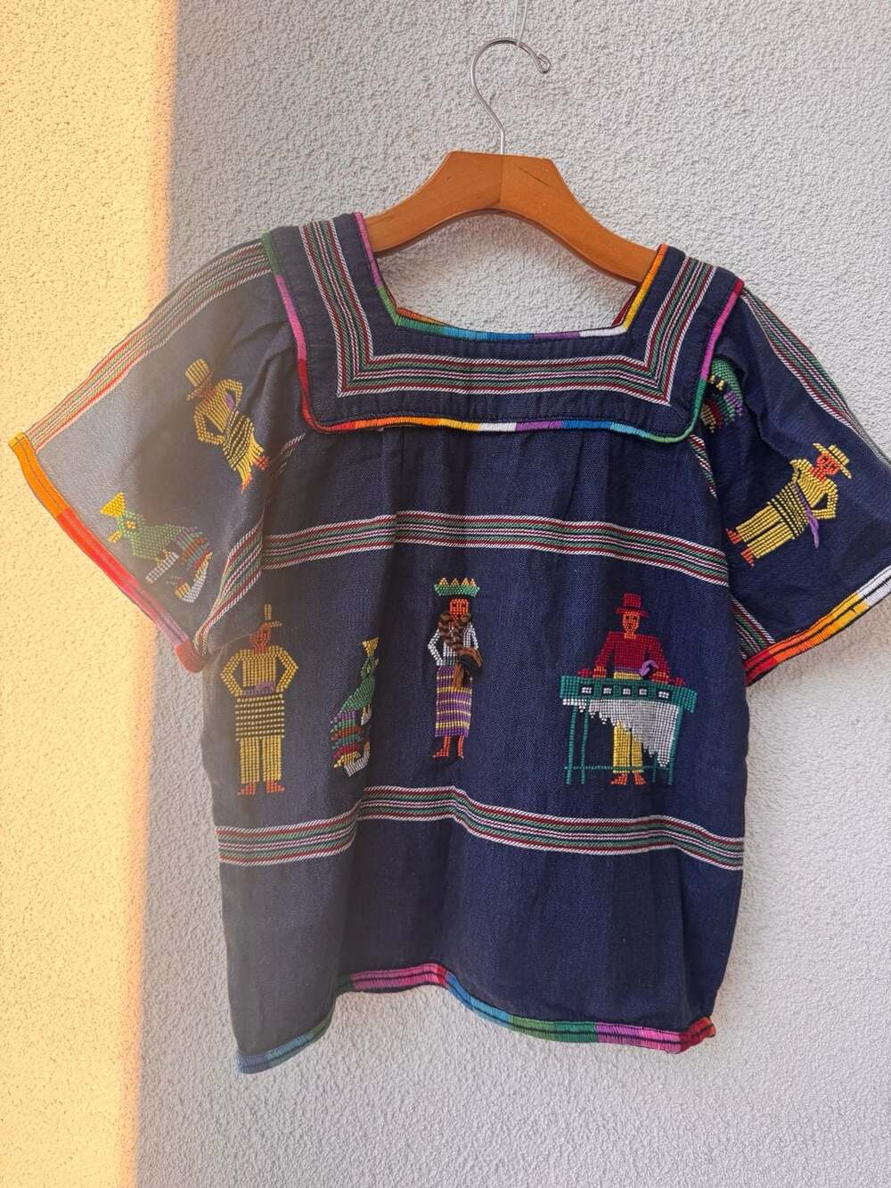 Sonya's Vintage Guatemalan Hand Embroidered Huipil Top Blue Size S